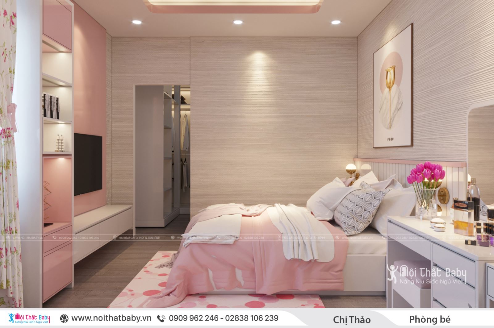 Thiết kế phòng ngủ bé gái màu hồng hiện đại